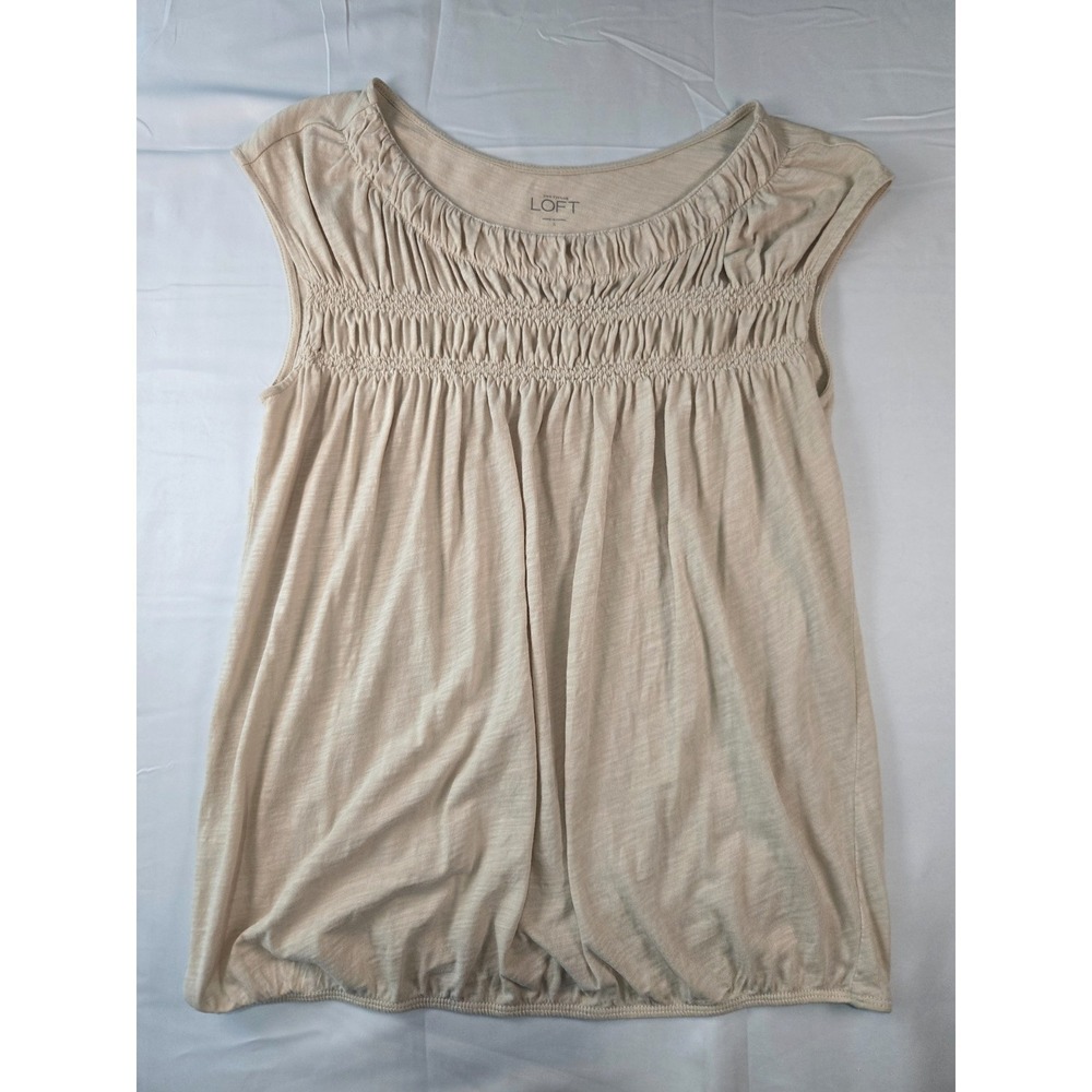 Sleeveless Smocked Blouse Sz S Neutral Beige 100% Cotton Elastic Hem Minimalist